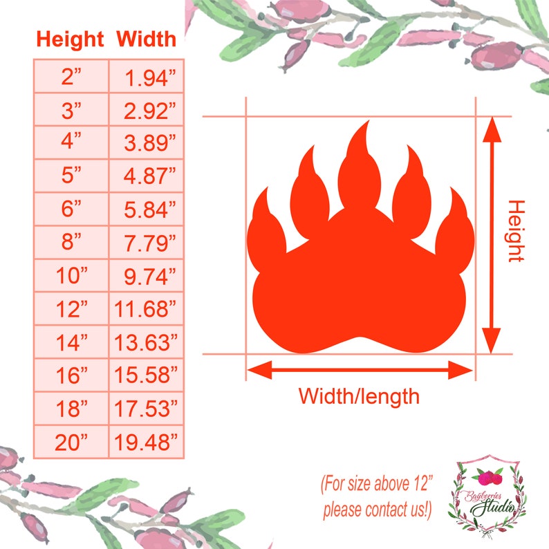 May include: A bright orange bear paw print cutout shape. A sizing chart is displayed to the left, listing heights from 2 inches to 20 inches with corresponding widths in inches. The text "Height", "Width", and "Width/length" are clearly visible.