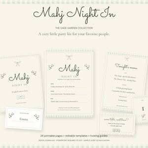 Puede incluir: Un kit de fiesta Mahj Night In de la colección The Sage Garden con plantillas imprimibles sobre fondo crema, detalles en verde salvia e ilustraciones de lazos. Incluye invitaciones, menús, tarjetas de sitio y guías con texto.