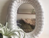 Vintage Oval Wicker Mirror Handmade White Rattan Wood Hanging Mirror Ready to Hang Boho Woven Wall Mirror