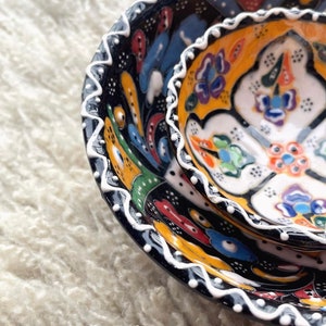 Vintage Turkish Ceramic Textured Bowls/ Two Handpainted Small and Medium Stacking Condiment Bowls/ Patterned Handmade Floral Serving Dishes
