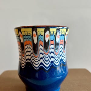 Vintage Bulgarian Terracotta Coffee or Wine Cup/Handcrafted Glazed Handpainted Horezu Pottery/Balkan Folk Art Troyan Redware Liquid Tumbler