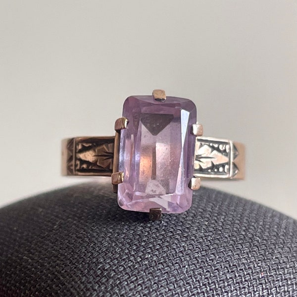 Antique 10K Rose de France Amethyst Ring/Victorian Emerald-Cut Amethyst Solitaire Ring/Ornate US size 7.5 prong-set Amethyst Statement Ring