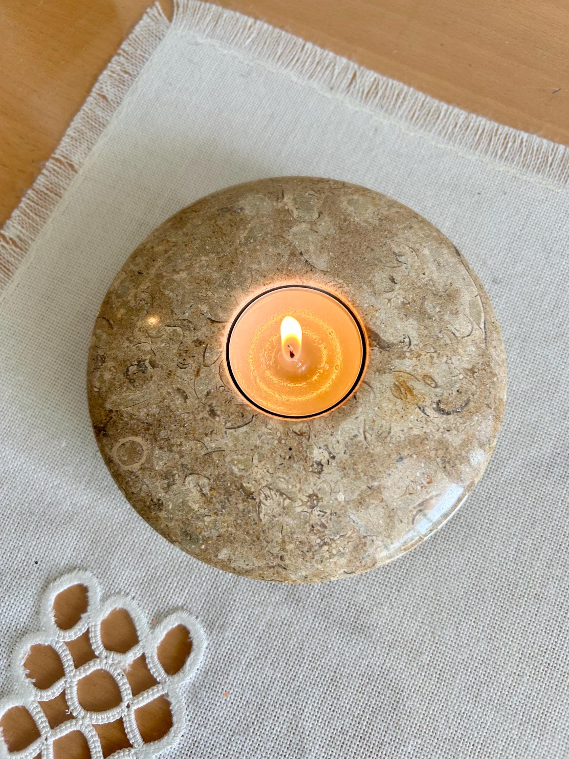 Vintage Heavy Marble Tealight Candleholder/Polished Fossil Stone Candleholder/Midcentury Neutrals Stone Light Display/Sphere Shape Pedestal