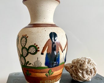 Vintage Handmade Cactus Vase/Made in Mexico Handmade Speckled Ceramic Pottery /Tonala Handpainted Prickly Pear Cactus Desert Stoneware