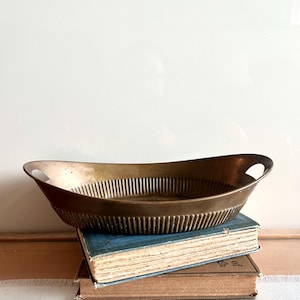 Antique Brass Oval Tray/Rustic Heavy Patina Brass Platter/Patera with Ears/Midcentury Ribbed Brass Elliptical Tray Side Opening  Handles