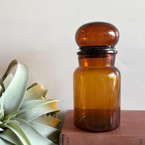 May include: An amber-colored glass apothecary jar with a rounded, matching glass lid. The cylindrical container features a wide mouth and a smooth, translucent finish, showcasing a classic pharmacy-style design with a secure, fitted stopper.