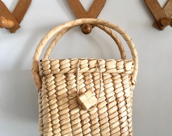 Vintage Woven Boxy Bag / Structured Palm Leaf Boxy Purse / Boho Lidded Storage Basket
