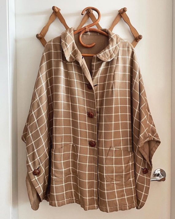 Vintage Checkered Poncho Overcoat Jacket with Leat