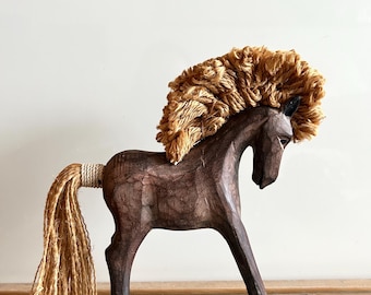 Antique Wooden Horse Rocker Rope Tail / Handmade Handcarved Wood Rocking Horse Toy/ Cottage Farmhouse Folk Rustic Horse Figurine- AS IS