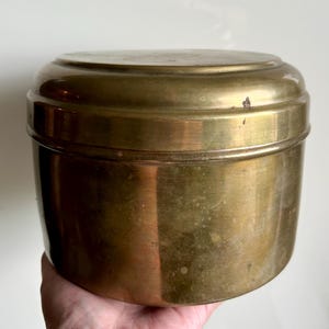 Antique Brass Lidded Container/Large Midcentury Utility Brass Metal Box/Rare Kitchen Storage Cylindrical Box/Handmade Solid Brass Canister