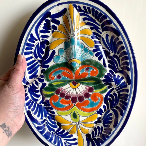 Vintage Handmade Ceramic Talavera Dish Tray / Large 12” Handpainted Colorful Sectioned Oval Platter /Rare Patterned Floral Serving Dish