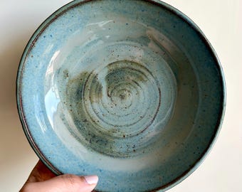 Vintage Round Handmade Speckled Light Blue Ceramic Bowl/Signed Heavy Glazed Blue Green  Dish/Textured Sides Studio Clay Serving Bowl
