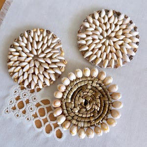 Vintage Set of 3 Cowrie Shell Coasters / Three Handmade Natural Shell Woven Rattan Coasters / Boho Puka Shell Trivets