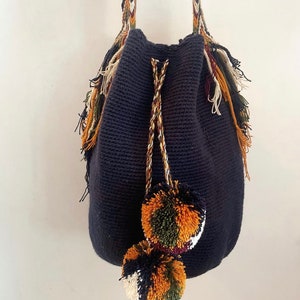 Vintage Unique Woven Wayuu Handbag/Handwoven Authentic Mochila Bucket Bag/Dark Blue Pom Poms Patterned Strap Colombian Mochila Shoulder Bag