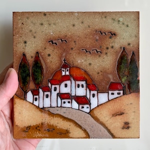 Vintage 90’s Southwestern or Spanish Terracota Tile Art/Handpainted Wall Hanging Display Tile/Handmade G.C. Sunset Church Scene Tile Trivet