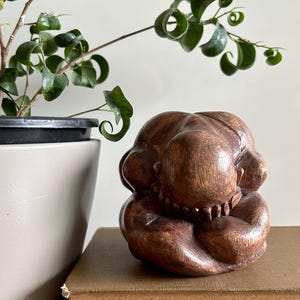 Vintage Balinese Weeping Buddha Statue/Natural Handcarved Wooden “Orang Malu” Sculpture/Dark Brown Carved Wood Indonesian Decorative Statue