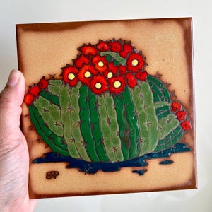 Vintage 90’s Southwestern Barrel Cactus Terracota Tile Art/Handpainted Wall Hanging Display Tile/Handmade Arizona Earthtones Tile Trivet