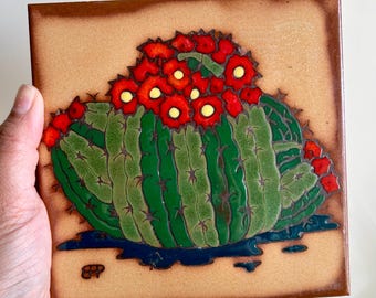 Vintage Southwestern Terracotta Tile Art: Hand-Painted Cactus Trivet