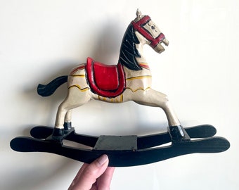 Vintage Wooden Horse Rocker / Rialto Handpainted Handcarved Wood Rocking Horse Toy / Folk Handcrafted Rustic Antique Horse Figurine