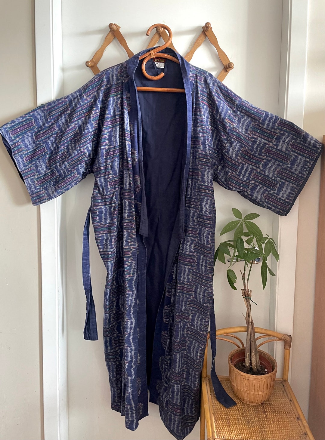 Vintage Cotton Ikat Long Kimono / Handdyed Oversized Made in Thailand