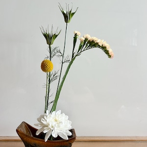 Vintage Ceramic Ikebana Vase with Flower Frog Pin/Glazed Handmade Pottery Ikebana Container/Minimalist Flower Arrangement/ Metal Flower Frog