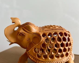 Vintage Carved Wooden Elephant with Baby Inside/5” Ornate Handcarved Wooden Elephant Figurine/Lace Wood Elephant Sculpture Carved Bone Husks