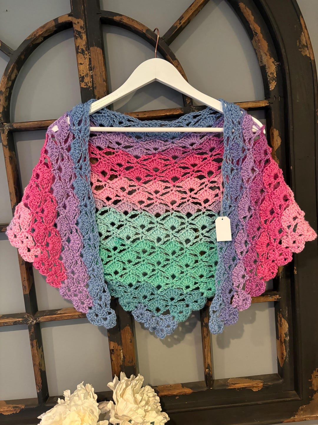 Handmade Crochet Shell Pattern Kids Shawl Wrap – Soft, Lacey, Rainbow ...