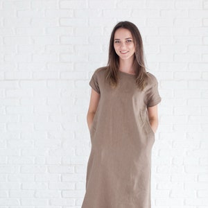 Brown Linen summer dress, long dress, linen dress with pockets, Office dress, modest dress,  organic women’s dress, maxi brown dress, beige
