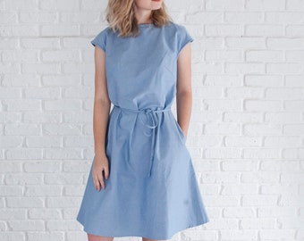 Summer organic cotton dress, dresses with pockets. Light blue dress for woman