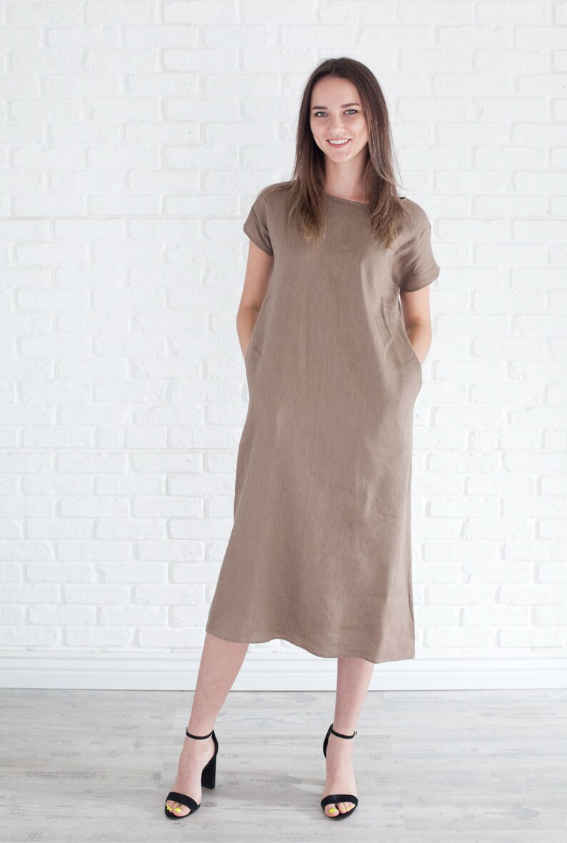 Brown Linen Summer Dress, Long Dress, Linen Dress With Pockets, Office — free download