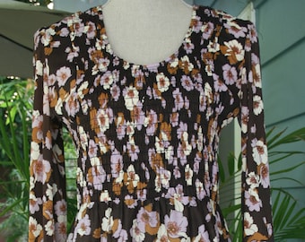 Chocolate and mauve 1970's vintage floral print dress with shirred bodice
