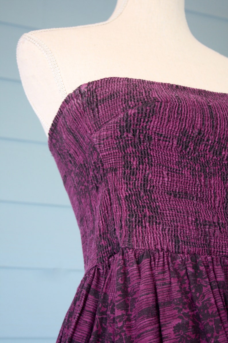 Purple and black vintage cotton shirred bodice strapless sun dress.