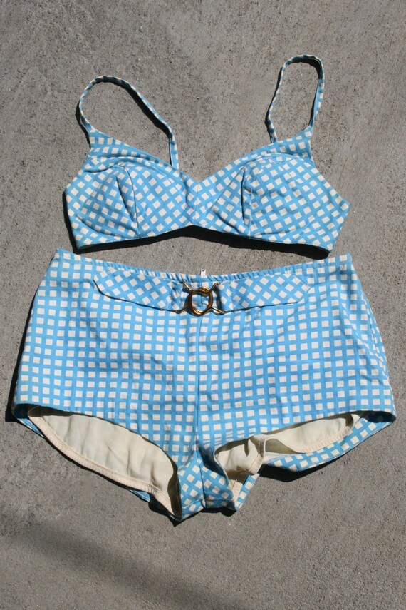 Blue and cream square print 60s vintage bikini