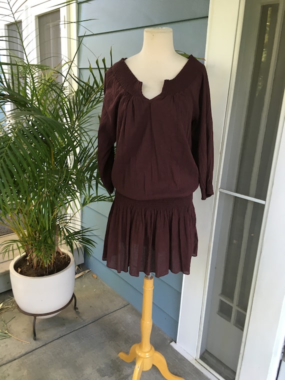 70s style drop waist plum peasant dress with smock