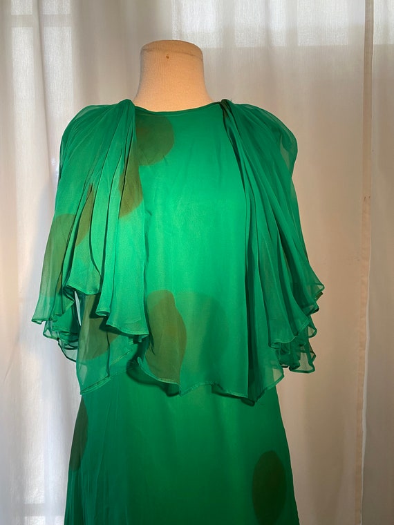 1960's Handmade Green Polka Dot Silk Bat Wing Dre… - image 4