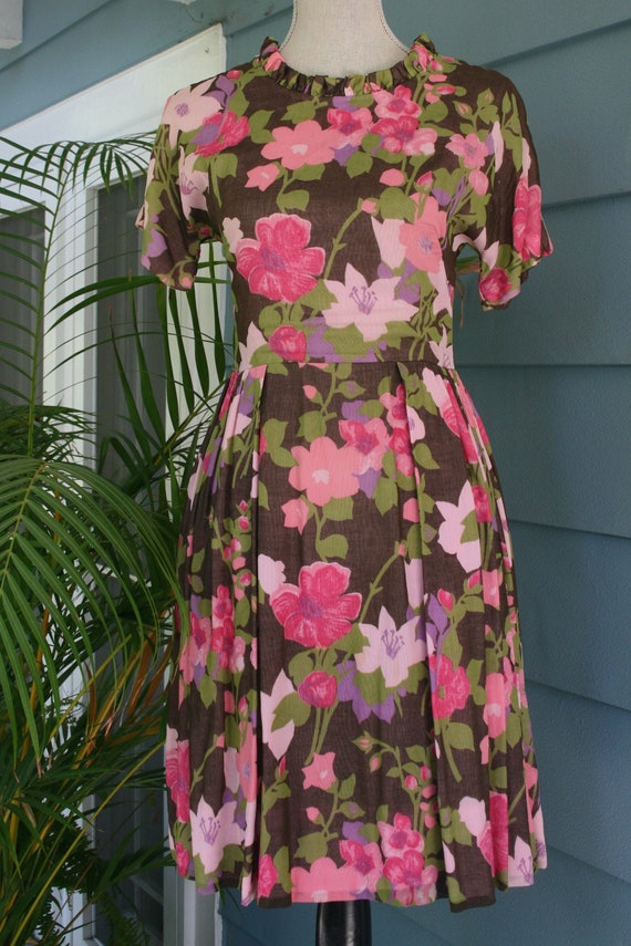 Pink, brown, and green 1960’s floral print dress.