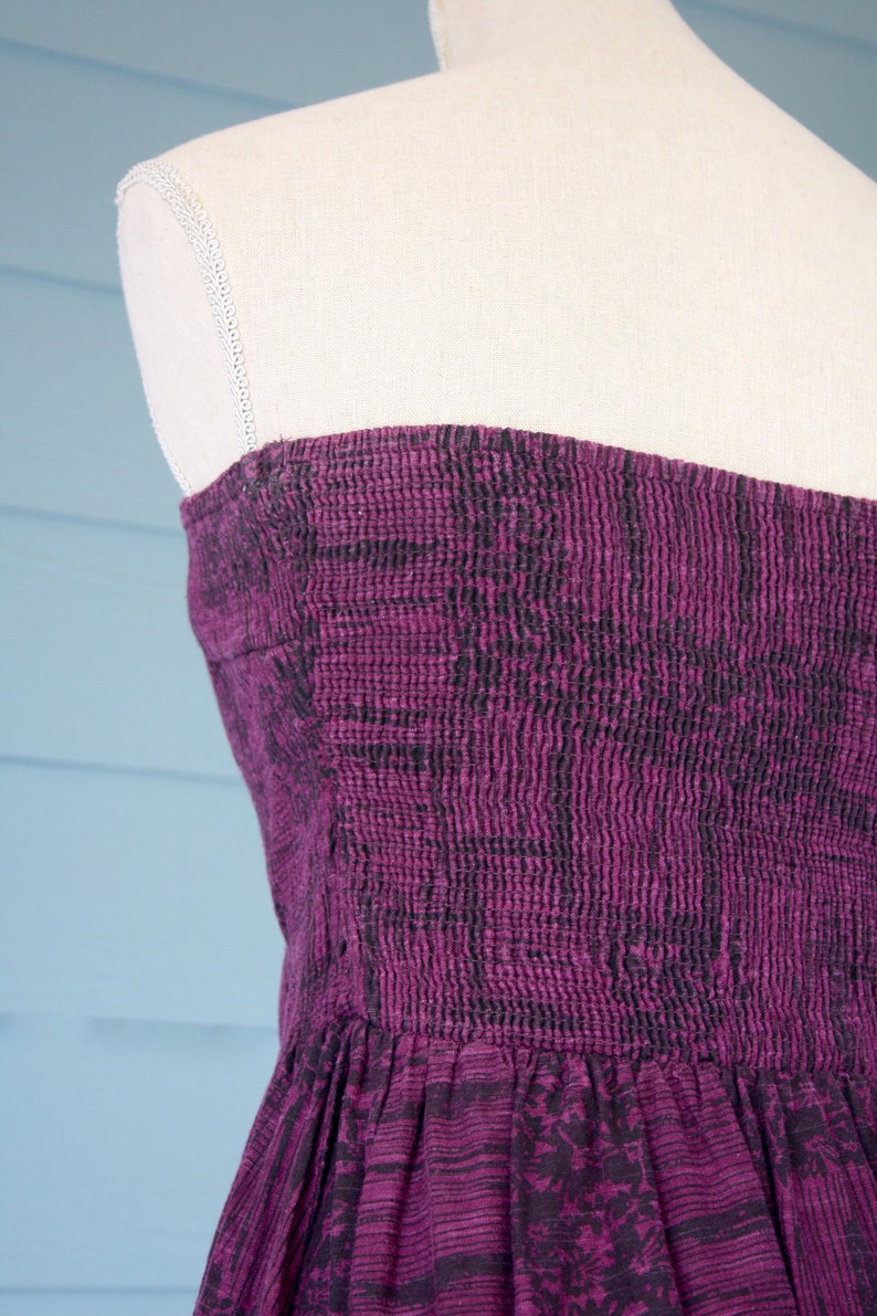 Purple and black vintage cotton shirred bodice strapless sun dress.
