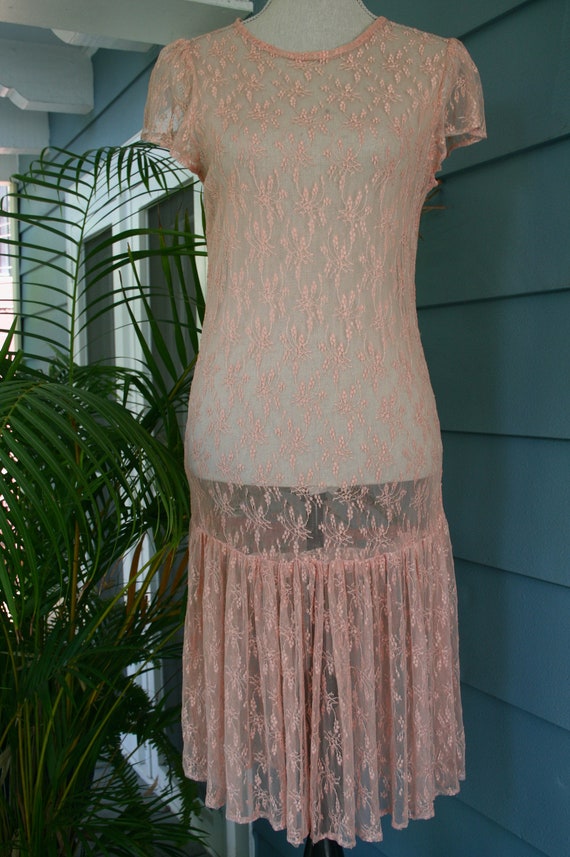 Pink lace sheer drop waisted dress.