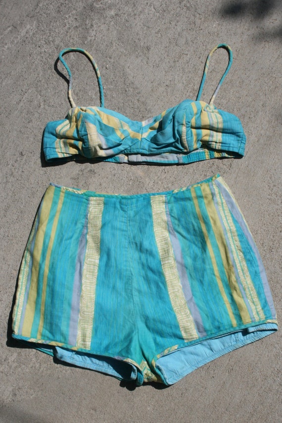 Blue pleated cup 40s vintage cotton swimsuit - image 1
