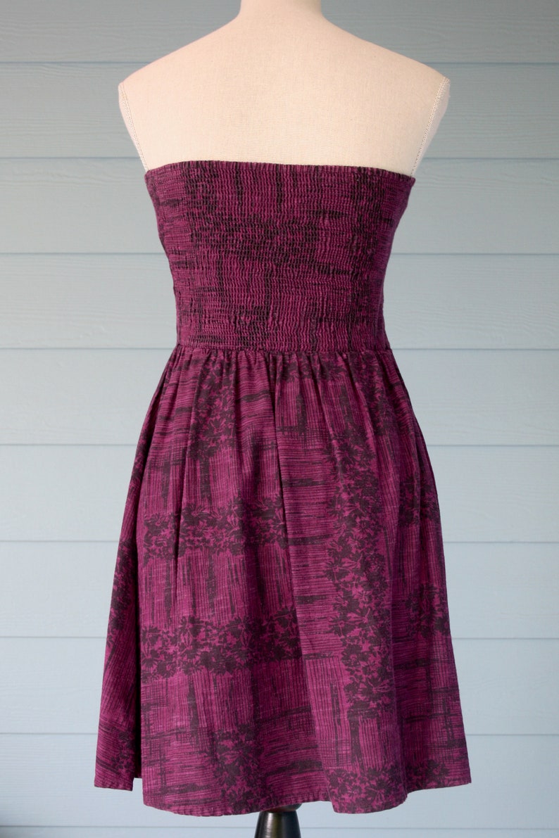 Purple and black vintage cotton shirred bodice strapless sun dress.