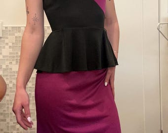 Vintage 80s Peplum Bodycon Dress – Magenta Black Colorblock, Sleeveless