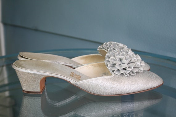Silver Gucci style 1960's mules with pom pom deta… - image 5