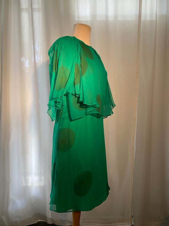 1960's Handmade Green Polka Dot Silk Bat Wing Dre… - image 8