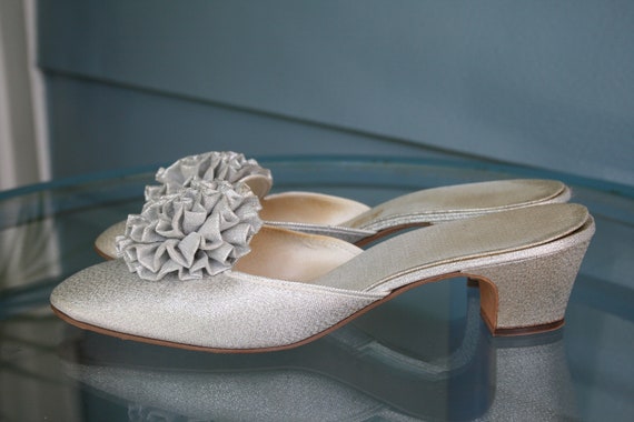 Silver Gucci style 1960's mules with pom pom deta… - image 3