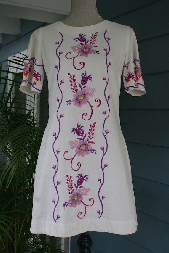 1960's hand embroidered cotton mini dress.