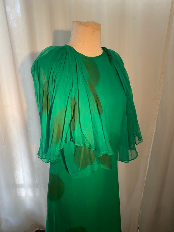1960's Handmade Green Polka Dot Silk Bat Wing Dre… - image 2