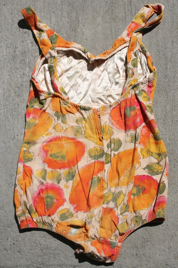 Orange and grey poppy print swimsuit with back zi… - image 2