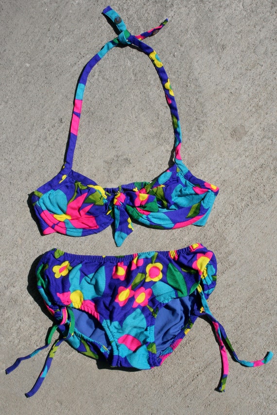 Pink and blue 1960's vintage halter neck bikini.