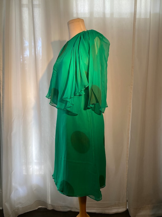 1960's Handmade Green Polka Dot Silk Bat Wing Dre… - image 7