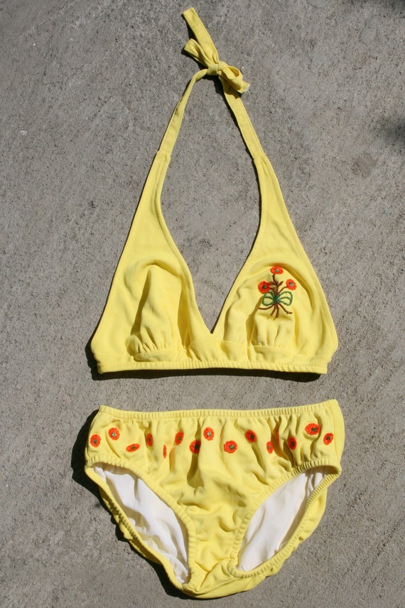 60s yellow vintage embroidered bikini.